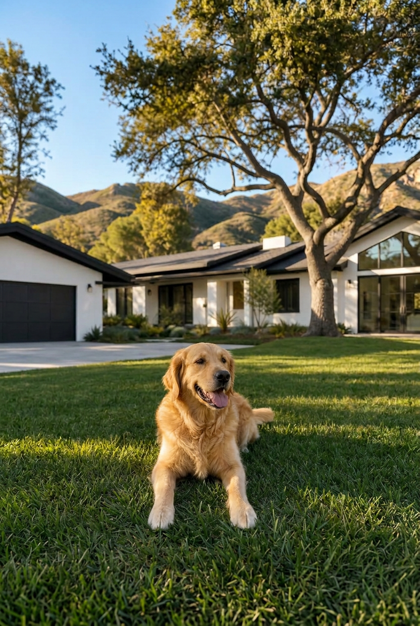 Golden retriever relaxing on a lush lawn in front of a Thousand Oaks home